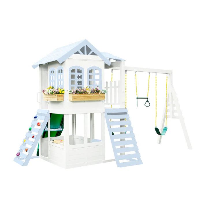 Custom Reign Two Story Playhouse w/ Swing Set (Blue)