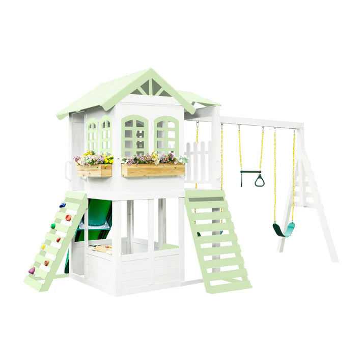 Custom Reign Two Story Playhouse w/ Swing Set (Green)